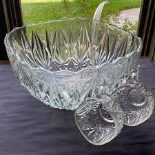 Vintage Hazel Ware Williamsport Polished Prescut Crystal Punch Bowl Service.