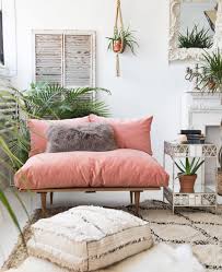 Gorgeous Blush Pink And Cream Colour Palate In This Living Space Love The Small Pink Sofa Moroccan Pouf And Beni Ourain Rug Home Room Inspiration Home Decor