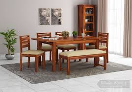 Advin 6 Seater Extendable With Bench Dining Set Honey Finish In 2020 Dining Set With Bench 6 Seater Dining Table Wooden Dining Table Designs