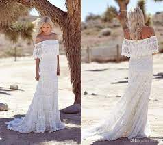 Simple Full Lace Country Boho Wedding Dresses Off The Shoulder Sweep Train Short Sleeves C Beach Bridal Dresses Bohemian Wedding Dress Lace Simple Bridal Gowns