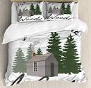 Amazon.com: Ambesonne Log Cabin Duvet Cover Set, Image of a Rustic ...