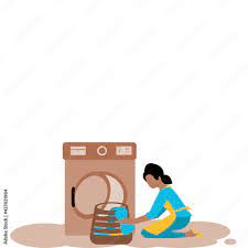 Cartoon young housewife doing housework, washing clothes. No face Lady  doing laundry putting dirty clothes on brown washing machine from basket.  Woman doing housework.Vector illustration flat design. Stock Vector | Adobe  Stock
