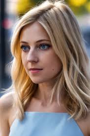 A close up of a woman with long blonde hair and a necklace