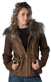 Montanaco Women S Whiskey Brown Faux Suede With Knit Sleeves And Faux Fur Collar Jacket Western Wear Western Wear For Women Outerwear Women