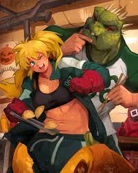 khyle., caiman (dorohedoro), nikaidou (dorohedoro), worker (squid game),  dorohedoro, squid game, absurdres, commentary, english commentary, highres,  1girl, 2boys, blonde hair, breasts, cleavage, collarbone, cosplay,  crossover, dumpling, eating, food 