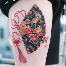 Tattoo Uploaded By Sion Cherry Blossoms And A Sparrow Drawn In A Fan With A Red Butterfly Knot Tattooistsion Flowertatto Sleeve Tattoos Tattoos Fan Tattoo