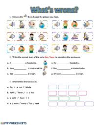 In this online vocabulary lesson you can study health and illnesses vocabulary with many activities and games such as memory cards, and puzzles. Health Problems Worksheet