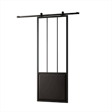 Porte coulissante en applique atelier noir verre transparent, rail en aluminium, bandeau cache rail, deux amortisseurs et quincaillerie. Porte Coulissante Atelier Xxl Aluminium Noir Verre Transparent H 220 X L 93 Cm Leroy Merlin