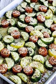Close Up Photo For Cheesy Low Carb Zucchini And Sausage Sheet Pan Meal Sheet Pan Recipes Low Carb Zucchini Smoked Sausage Recipes