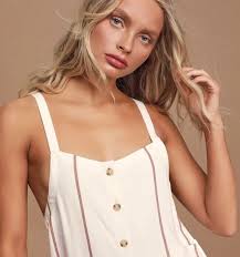 O'Neill XL Jumpsuit Pacey White Striped Button Pants Sleeveless White Brown  Boho