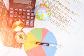 Graphs Charts Calculator Pen Compass On Business Table The