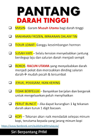Tekanan darah tinggi atau yang lebih dikenal dengan istilah hipertensi merupakan sebuah kondisi dimana tekanan darah pada dinding arteri mengalami peningkatan. Public Health Malaysia Pantang Bermaksud Suatu Larangan Atau Tegahan Tidak Boleh Di Lakukan Dan Perlu Di Elakkan 1 Dari 3 Rakyat Malaysia Mempunyai Tekanan Yang Tinggi Dari Paras Normal