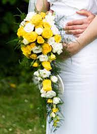 My Traditional Waterfall Bouquet Yellow Gold Roses With White Freesias And Asparagus Fern Wedding Flowers Asparagus Fern Wedding Planning