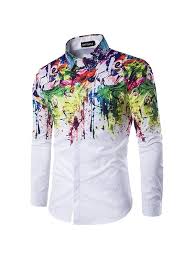 Casual Business Personality Flowers Spray Paint Long Sleeve Ink Splash Shirts For Men Slim Fit Dress Shirts Mens Slim Shirt Long Sleeve Print Dress