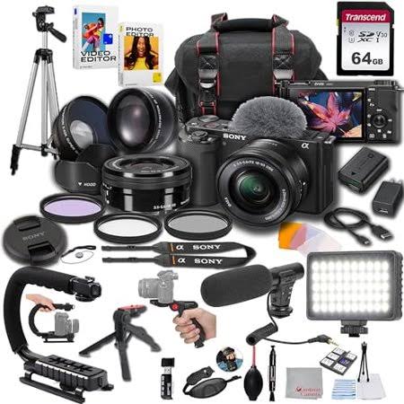 Sony Zv-e10 + 16-50mm Lens, LED Light, Microphone, 64gb, U-Grip, Filters, Tripod, Case, Software, & More ? Pro Video Bundle (38pc), Black