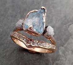 Aquamarine Diamond Raw Uncut Rose 14k Gold Engagement Ring Multi Stone Wedding Ring Custom O 14k Gold Engagement Ring Rose Engagement Ring Custom Wedding Rings
