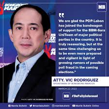 The camp of Bongbong Marcos has thanked ruling party Partido Demokratiko  Pilipino-Lakas ng Bayan (PDP-Laban) for its endorsement of the Ilocano  presidential candidate less than two months to go before the May