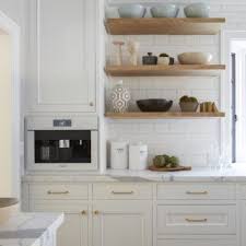 Light Grey Kitchen Cabinets White Subway Tile Open Shelving Wood Floating Shelves Marble Cou White Kitchen Design Kitchen Cabinets Decor Tuscan Kitchen