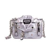 Moschino Biker Jacket Womens Small Leather Shoulder Bag Silver Shoulder Bag Women Moschino Bag Shoulder Bag