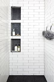 The image on the left shows how the larger wall tiles are flush with the narrower tiles of the niche, creating a clean contemporary look. White Subway Tile Shower Niche Novocom Top