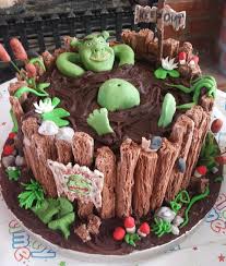 Flakes On The Outside Of A Swamp Cake Need A Gator Instead Of Shrek Though Shrek Cake Camping Theme Cakes Themed Cakes
