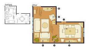 How To Optimize Typical Rental Layouts The L Shaped Living Dining Area Dining Room Layout L Shaped Living Room Layout Furniture Placement Living Room