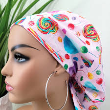 Candy Treats Satin Lined Scrub Hat: Ponytail Surgical Cap With Buttons