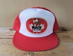 Mack Trucks Canada Original Vintage 80s Red Mesh Trucker Snapback Hat Truck Company Promo Baseball Cap Bulldog Maple Leaf Logo Rare Ballcap Maple Leaf Logo Mesh Trucker Hat Mack Trucks