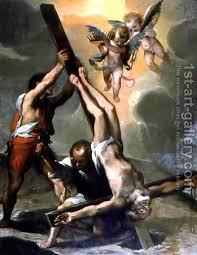 Peter, who is pretty solidly muscular for an antique saint, is writhing sideways to get a better look at his humiliation. The Crucifixion Of Saint Peter Painting By Ventura Salimbeni Reproduction 1st Art Gallery Art Greek And Roman Mythology Ancient Greece Art