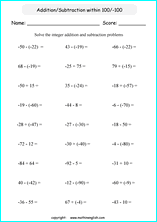 math worksheets with integers and negative numbers for primary students