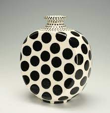 Living room, kitchen, dining room, home office/study, conservatory, hallway style: Polka Dot Ceramic Vase Mid Century Modern Look Black And White Flat Sided Pottery Flower Vessel Holder Container Ceramic Vase Black And White Flats Vase