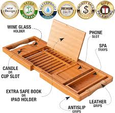 Multi use functions for convenient accessory stuff placement. Bathroom Trays 1 2 Adults Expandable Bamboo Bath Tray Holds Book Phone Wine Laptop Ipad Your Majesty Premium Black Bathtub Tray Beautiful Gift Box With Mirror Fits Any Tub Home Kitchen
