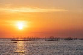 Sunrise nature sky beach landscape browse stunning sunset pictures with beautiful colors. Download Oyster Farm In The Sea And Beautiful Sky Sunset Background For Free Sunset Background Beautiful Sky Sunset