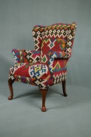 Handwoven Vintage Wool Kilim Wingback Armchair Sofa Chair Patchwork 799 00 Via Etsy Patterned Chair Reupholster Furniture Cowhide Chair