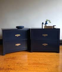 Pair Of Navy Blue Campaign Nightstands Modern Bedside Tables With Drawers Set Of Two Matc Refinished Vintage Furniture Vintage Nightstand Campaign Nightstand