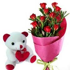 Same day free express delivery of farm fresh flowers guaranteed !! Bunch Of 12 Red Roses With 6 Inch Teddy Bear Myflowergift