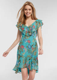 Wayf Tiered Ruffle Teal Tropical Fit And Flare Dress
