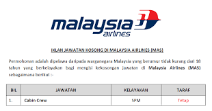 Portal kerja kosong ingin berkongsi maklumat peluang pekerjaan yang kini dibuka di malaysia airlines berhad dan kepada warganegara malaysia yang berminat serta berkelayakan dipelawa untuk mengisi kekosongan jawatan ini seperti berikut Jawatan Kosong Di Malaysia Airlines Mas Kelayakan Spm Ejawatankini Com