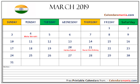 March 2019 Calendar India 2019 Calendar Holiday Calendar Calendar