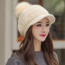 Fleece-gefütterte Beanie-Mütze mit Visier, Krempe, Winter-Strick, Skimütze,  Damen, Pom Pom Ball, beige, Einheitsgröße : Amazon.de: Fashion