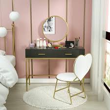 Mecor Vanity Table Set Black Vanity Desk Large Round Removable Mirror Wood And Metal Makeup Vanity Heart Shape Cushioned Stool Home Office Desk Girls Women Bedr Vanity Table Set Vanity Table Bedroom Vanity Desk