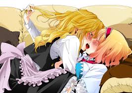 youko (santarose), alice margatroid, kirisame marisa, touhou, 2girls,  apron, blonde hair, blush, chocolate, couch, couple, female focus, food,  grabbing anothers hair, kiss, long hair, multiple girls, sweets,  valentine, yuri - Image View - |