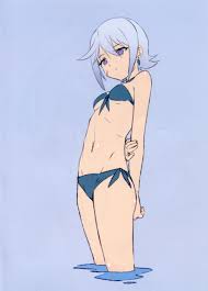 yamamoto shuuhei, chris (konosuba), kono subarashii sekai ni shukufuku wo!,  light purple hair, absurdres, highres, scan, scan artifacts, 1girl, arms  behind back, bikini, blue bikini, breasts, facial scar, looking at breasts,  navel,