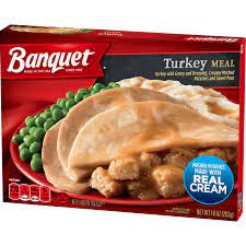 Three preferred pieces, potatoes whipped with milk and butter, and tender mixed vegetables. Banquet Classic Turkey Frozen Single Serve Meal 10 Ounce Walmart Com Walmart Com