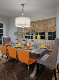 Orange Chairs Grey Chairs Orange Grey Yellow Fabrics Stainless Steel Top Farm Table Large Shade Chandelier Dream Dining Room Home Decor Home Furnishings