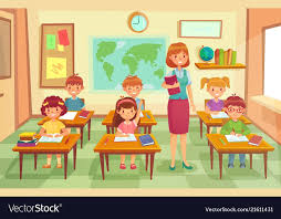 Pupils And Teacher In Classroom School Pedagogue Teach Geography Lesson With Map And Globe School Illustration Art Classroom Management Art Drawings For Kids