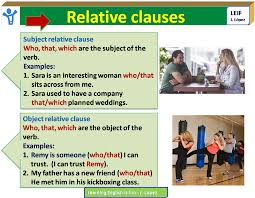 Relative pronouns and relative clauses connect two ideas into one sentence. English Intermediate I U7 Relative Clauses