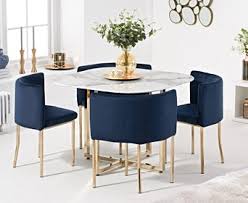 Large extending dining table white gold. Algarve White Marble Gold Leg Stowaway Dining Table With Blue Velvet Gold Leg High Back Stools Algarve