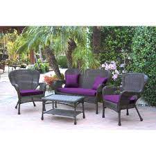 The grey powdercoat color leaves an opportunity for a bright accent piece, colorful flora, furniture. 4pc Windsor Espresso Wicker Conversation Set Purple Cushions