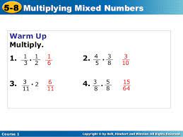 The result of division of 23 8 23 8 is 2 2 with a remainder of 7 7. Multiplying Mixed Numbers